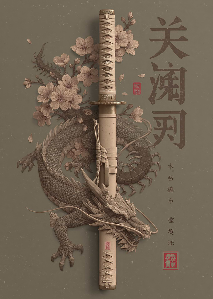 Dragon and Katana with Cherry Blossoms