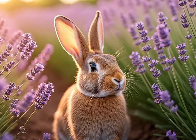 Cute Rabbit in Lavender Field