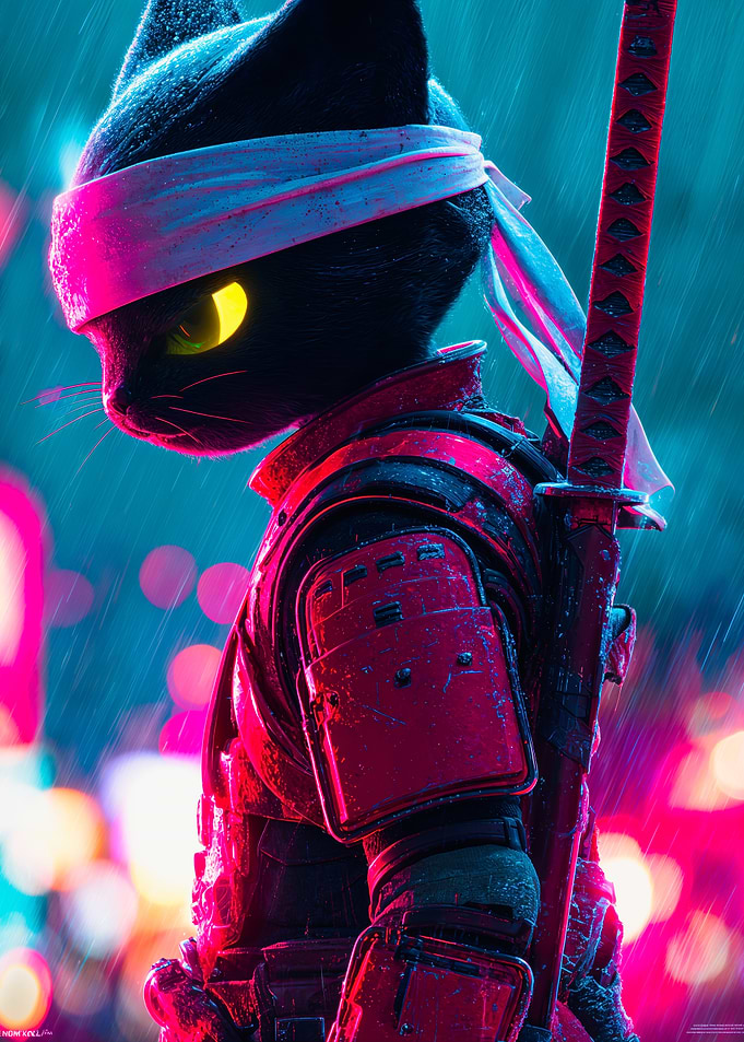 Cyberpunk Samurai Cat Katana Rain