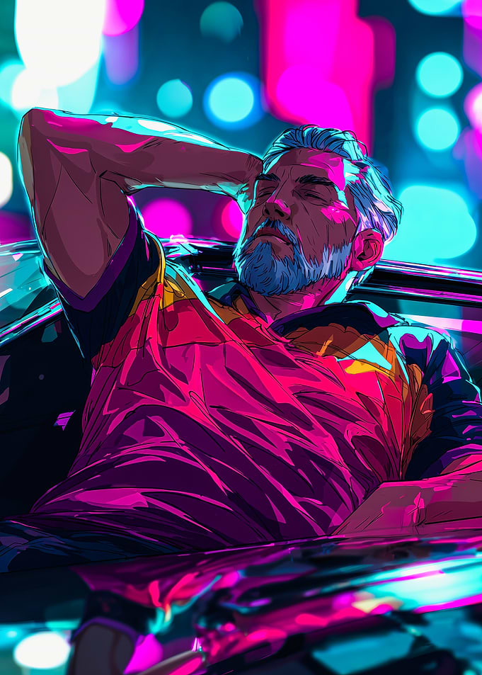 Man Relaxing In Neon Car