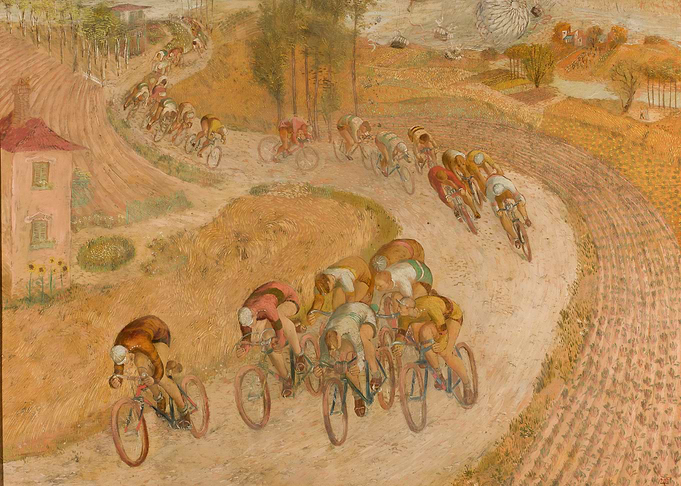 Cyclists racing on a dirt road