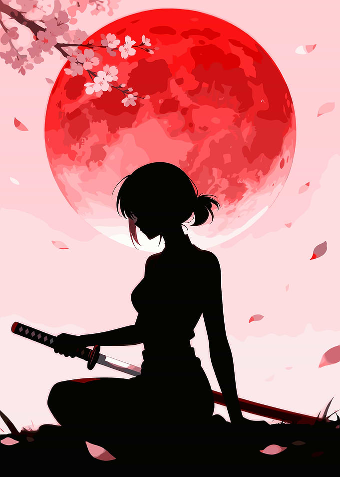 Samurai Girl Under Red Moon