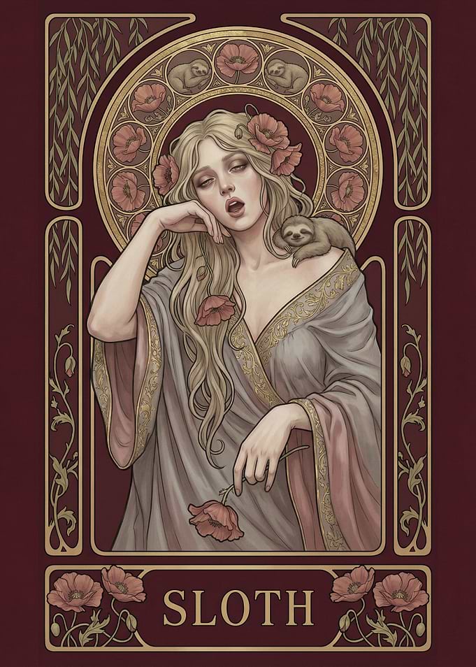 Art Nouveau Sloth Woman with Poppies