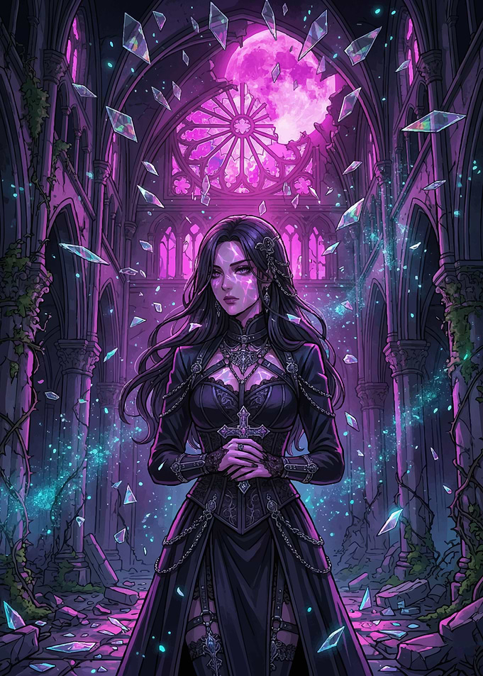 Gothic Sorceress in Ruined Cathedral