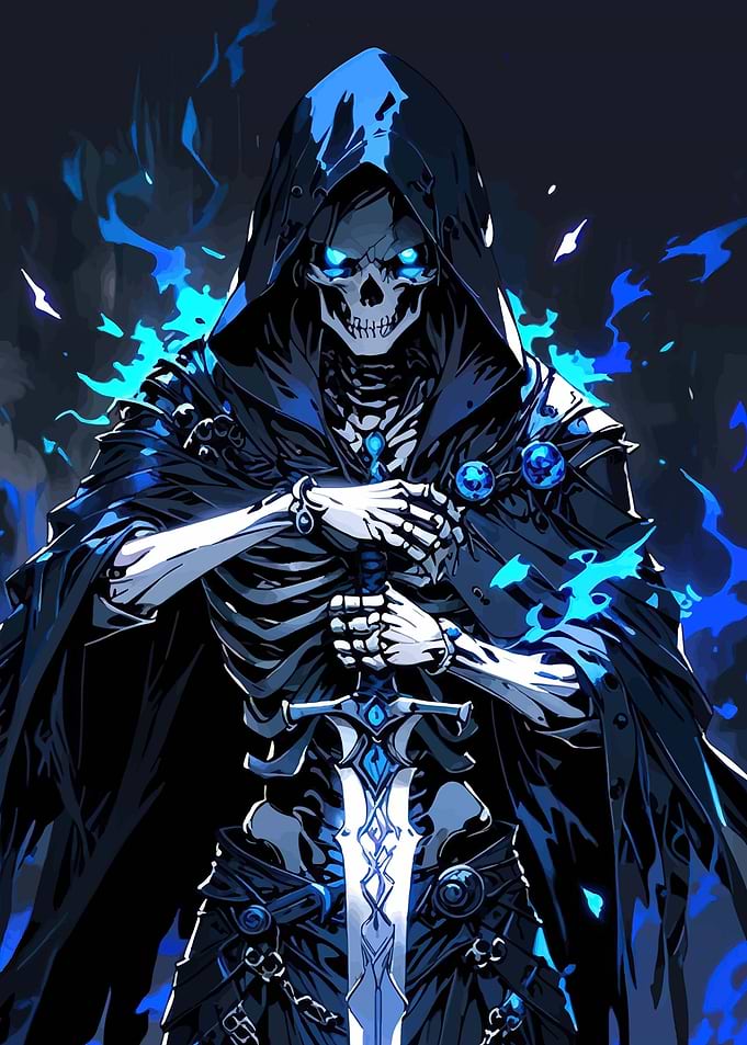 Skeleton Warrior with Blue Flames
