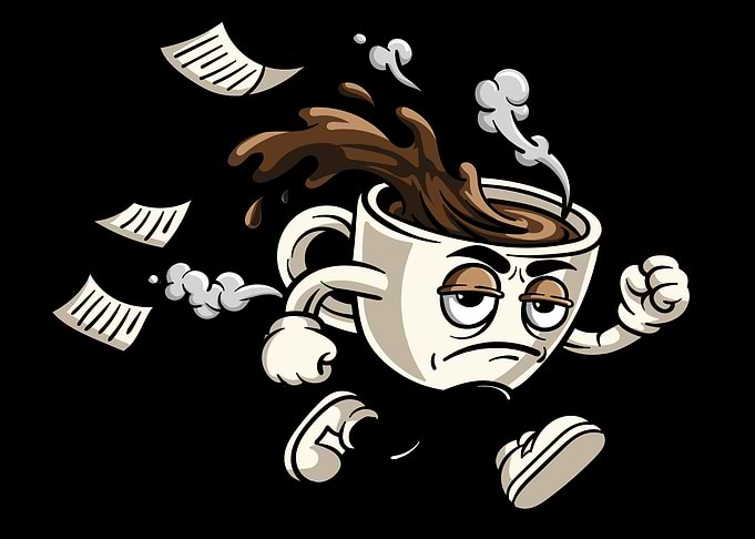 Tired Coffee Cup Running with Spilled Coffee