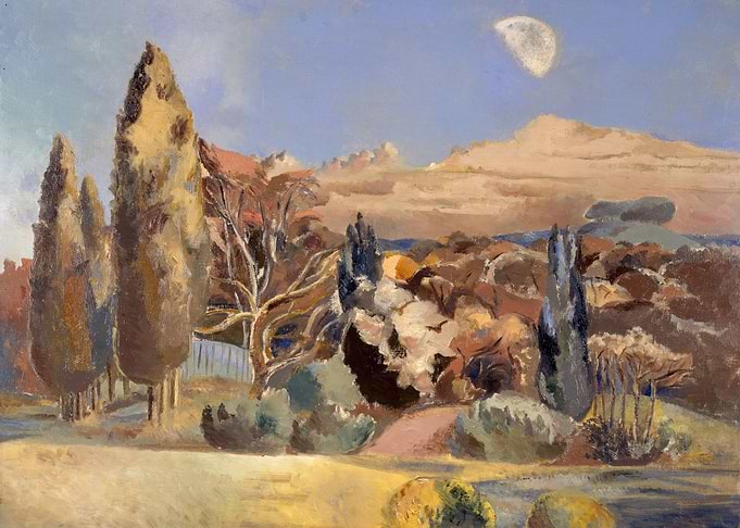 Moonlit Landscape with Cypress Trees Painting