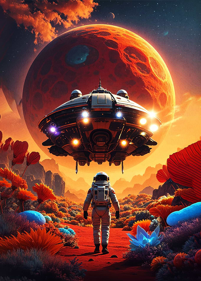 Astronaut on alien planet with UFO