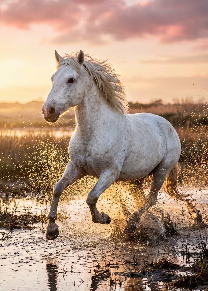 White horse running through water