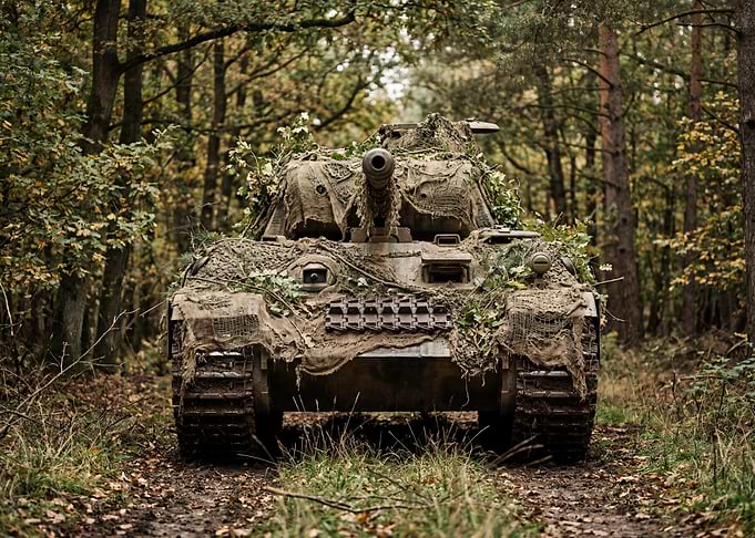 Camouflaged Tank in Forest
