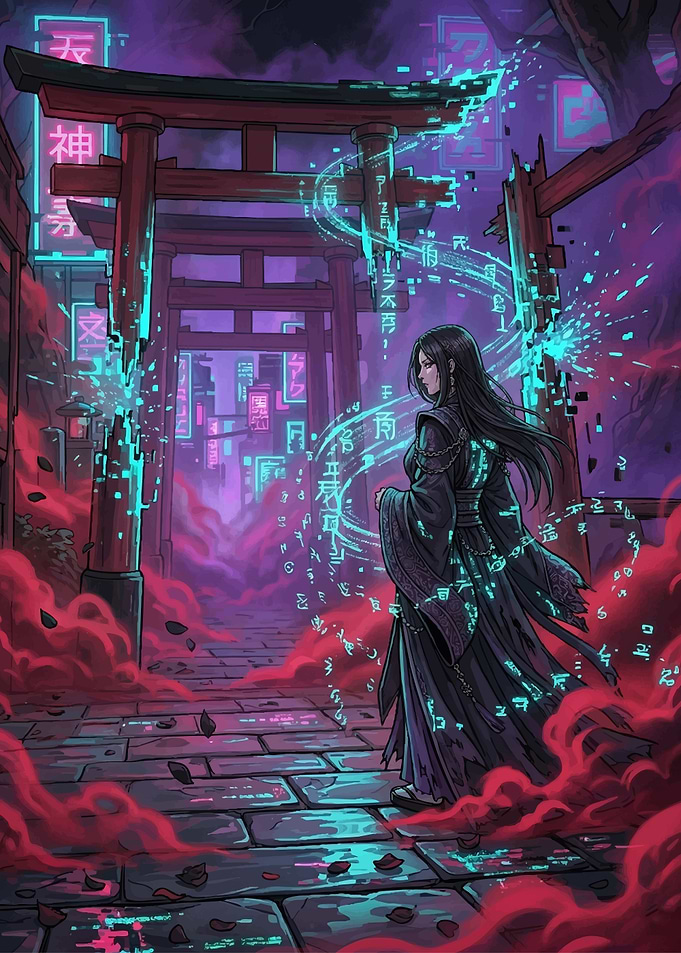 Cyberpunk Geisha with Magical Runes