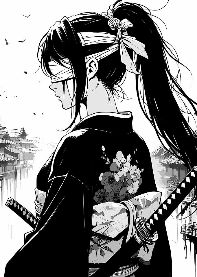 Blindfolded Samurai Woman with Katana