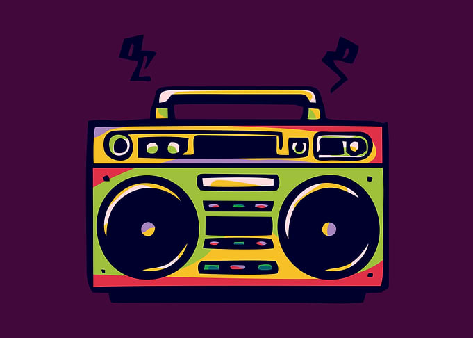 Retro Boombox with Sound Waves