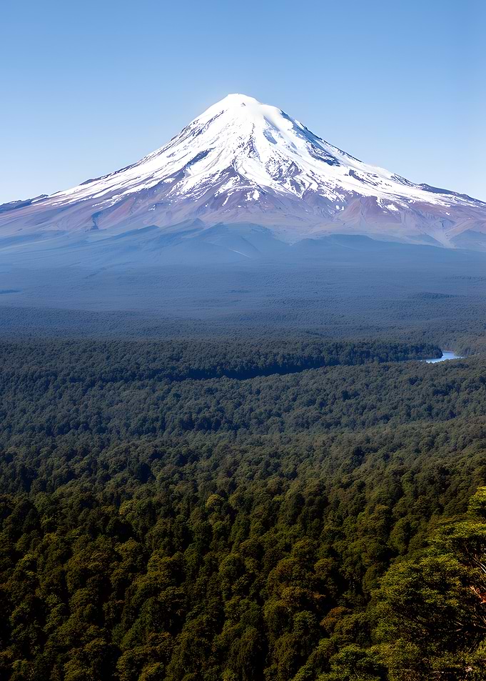 Snow-capped volcano over a dense forest
