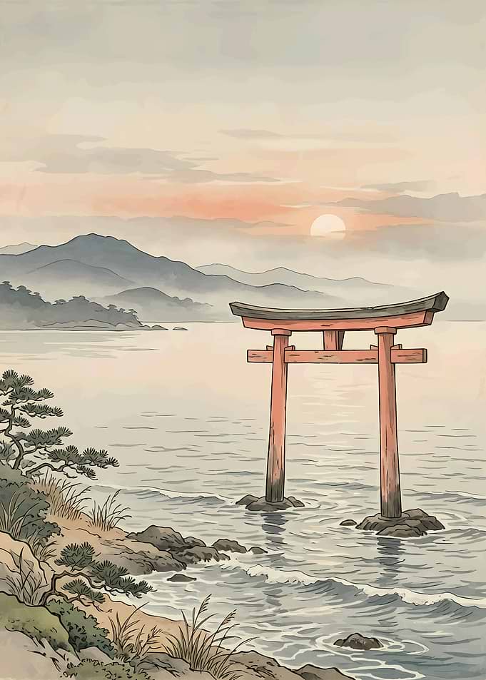 Japanese Torii Gate at Sunset