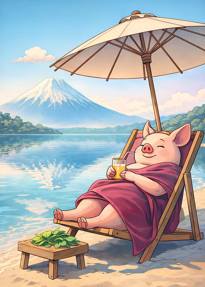 Pig relaxing on beach with Mount Fuji view