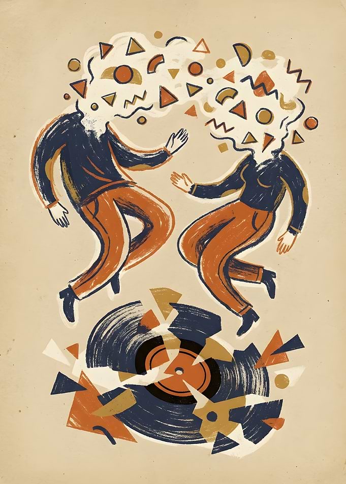 Abstract figures dancing over broken vinyl