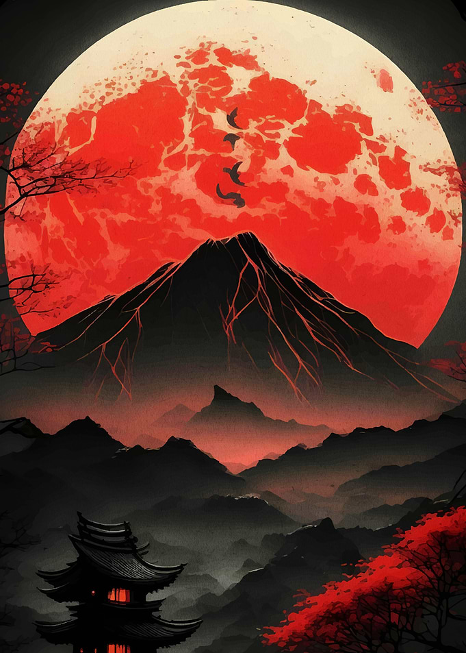 Red Moon Over Mount Fuji