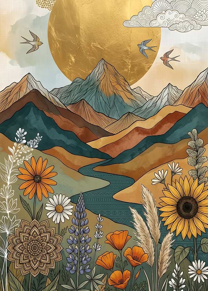 Bohemian Landscape with Mountains and Flowers