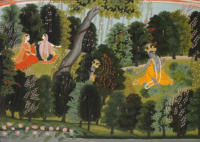 Krishna playing flute in a garden, Indian painting