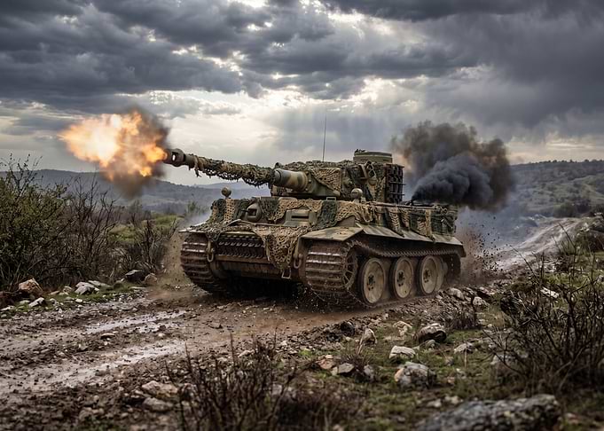 Tiger Tank Firing in Muddy Terrain
