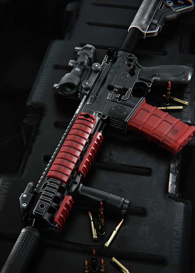 Tactical Rifle with Red Accents and Ammunition