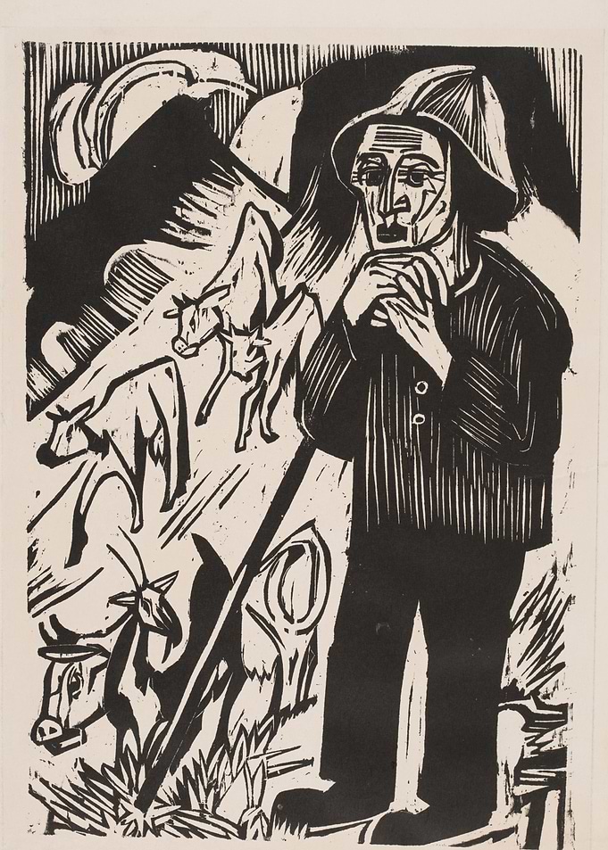Woodcut of a Shepherd with Cows