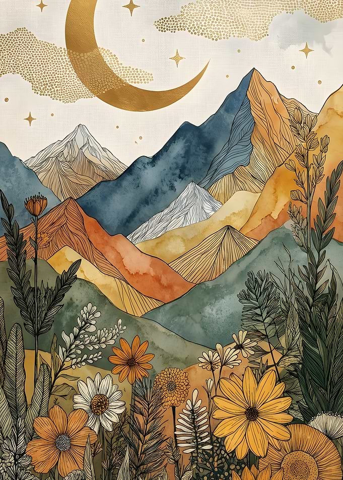 Bohemian Mountain Landscape with Moon and Flowers