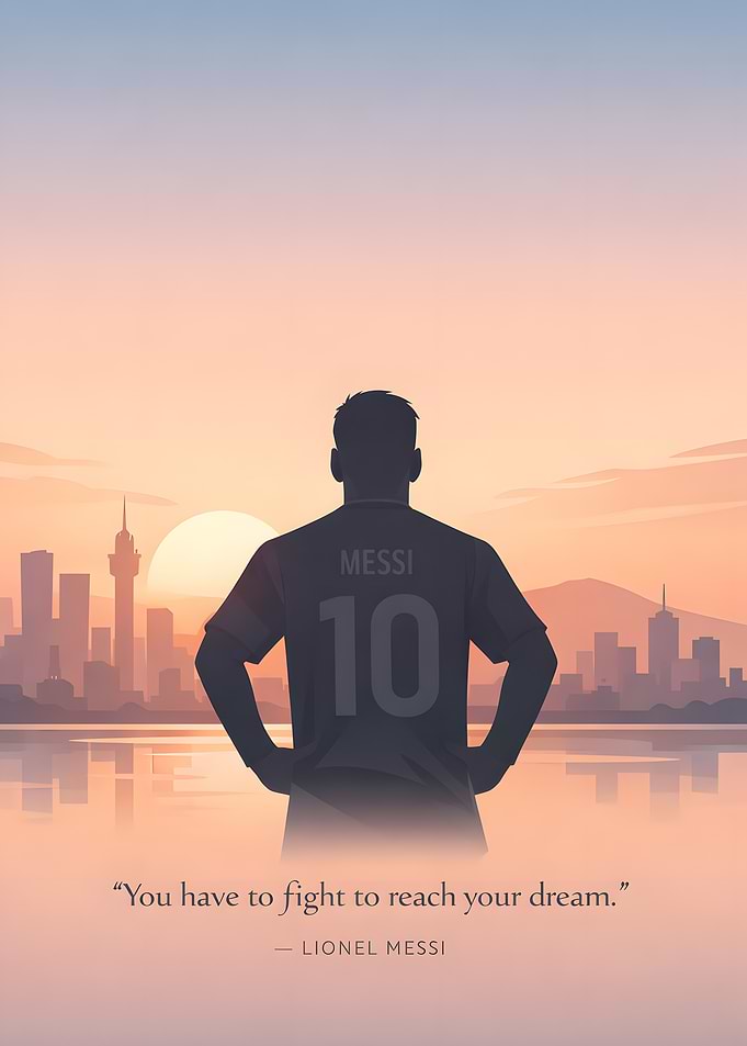 Lionel Messi looking at the city at sunset
