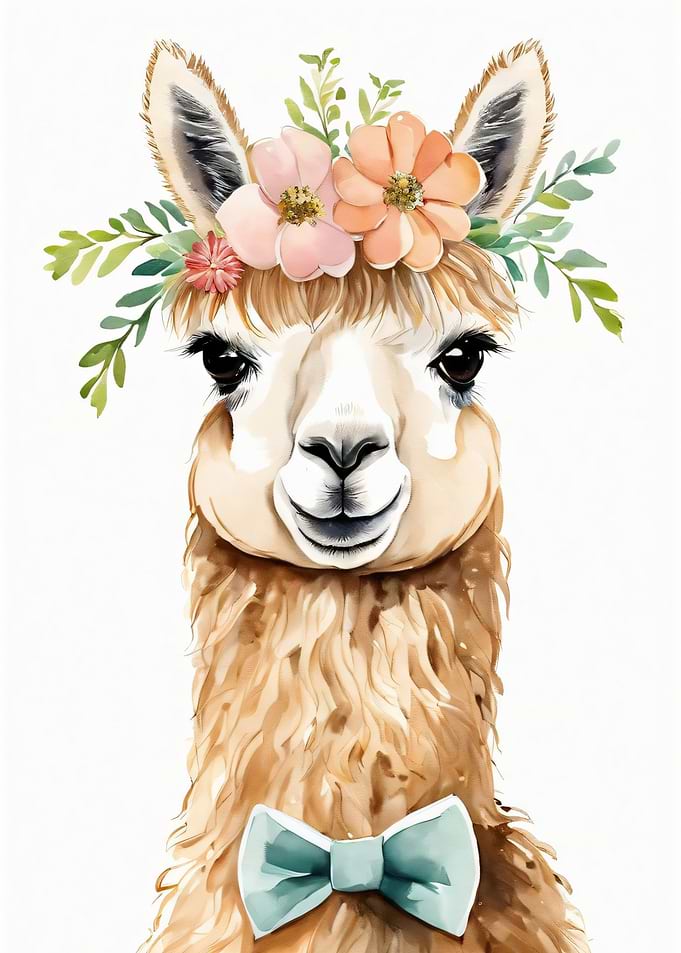 Cute Llama with Flower Crown and Bowtie
