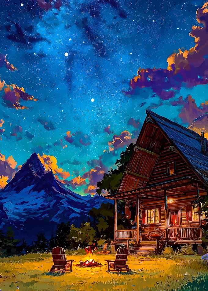 Cozy Cabin Under a Starry Night Sky