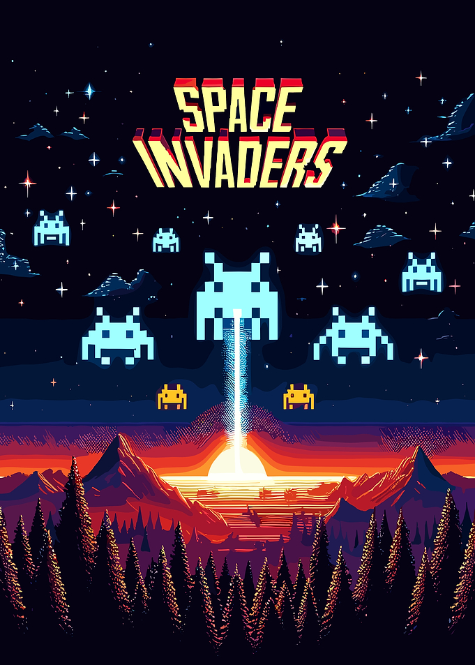 Space Invaders Retro Sunset Landscape