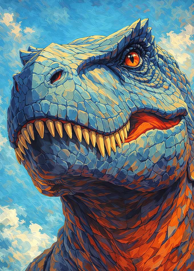 Close-up of a blue and orange dinosaur