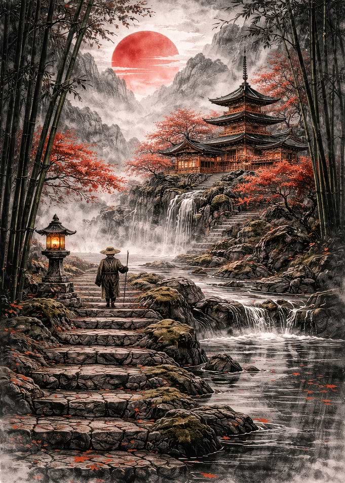 Monk Ascends Steps to Pagoda