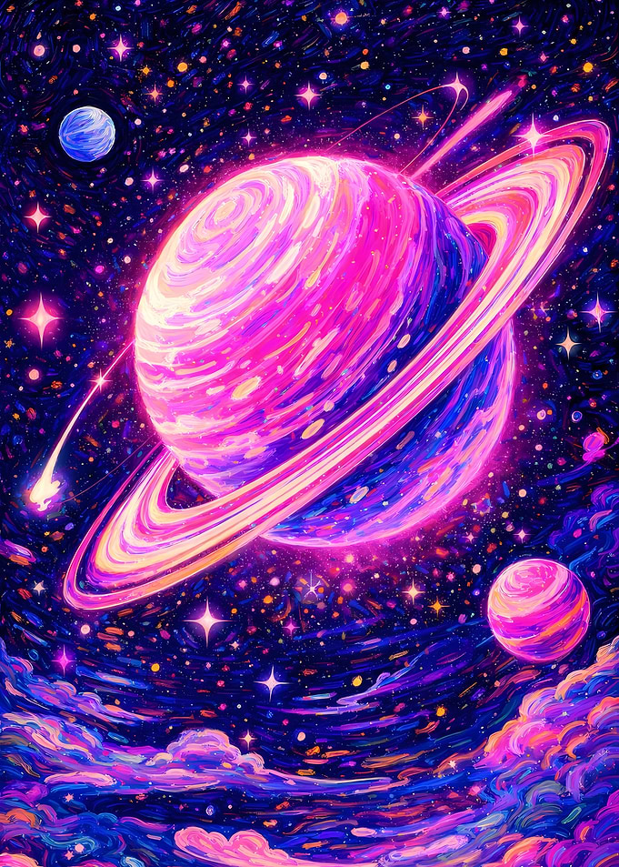 Vibrant Cosmic Planet with Rings