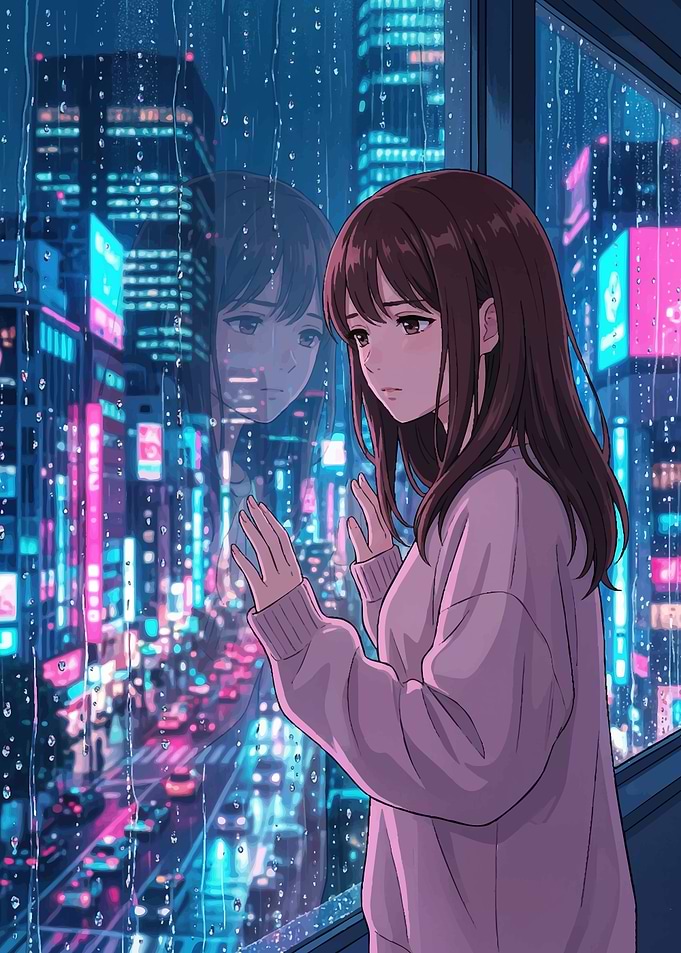 Girl looking out rainy window at city