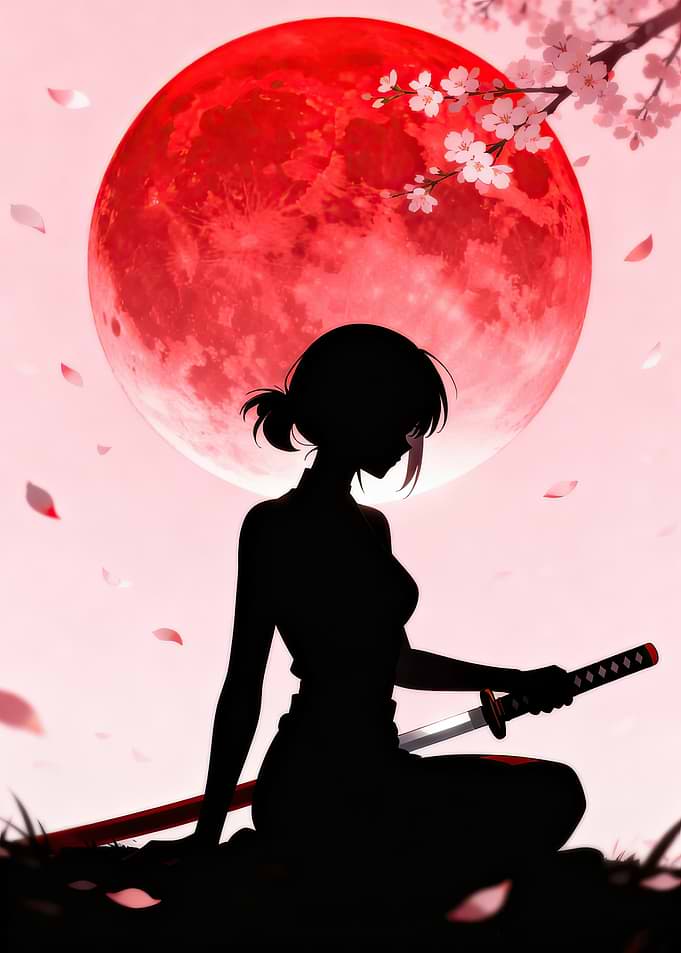 Silhouette of a Samurai Girl under a Red Moon