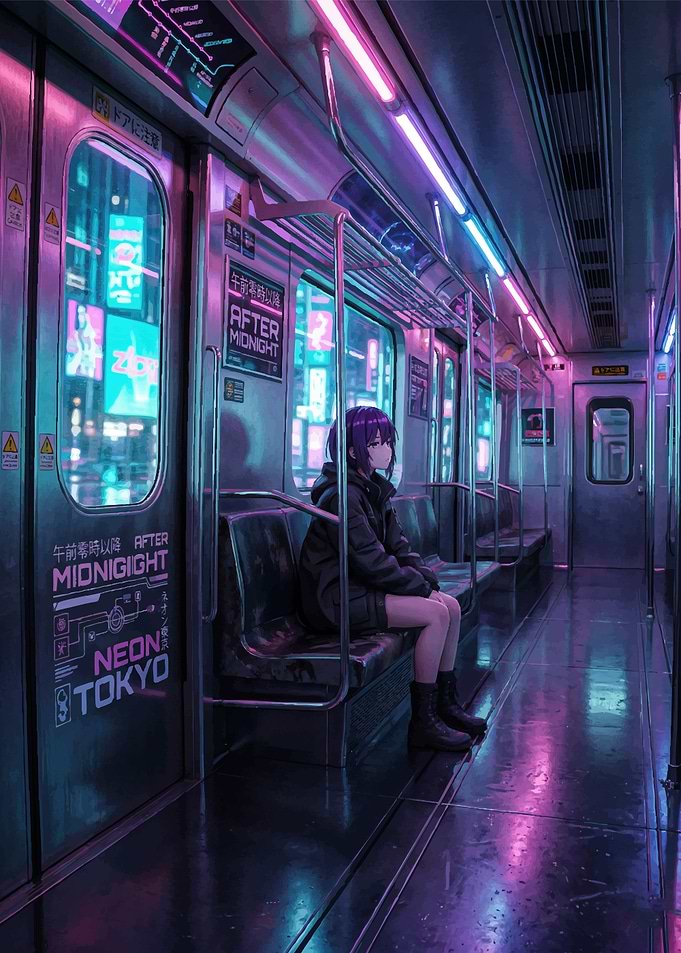 Anime Girl on Neon Tokyo Train
