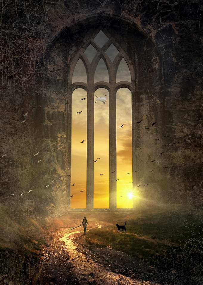 Woman and cat in ruins at sunset