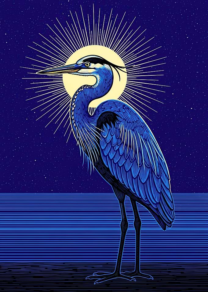 Blue Heron under a Radiant Moon