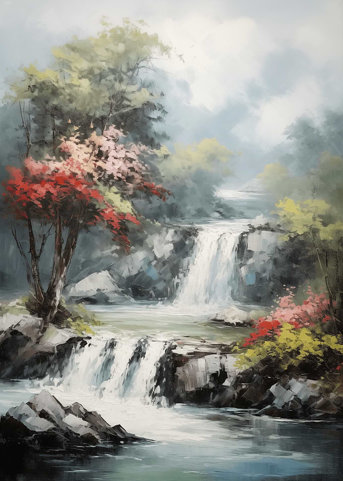 Serene Waterfall Landscape Painting