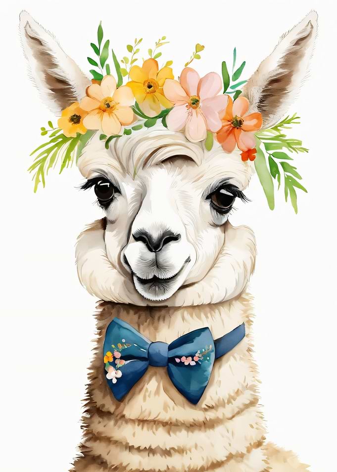 Cute Llama with Flower Crown and Bow Tie