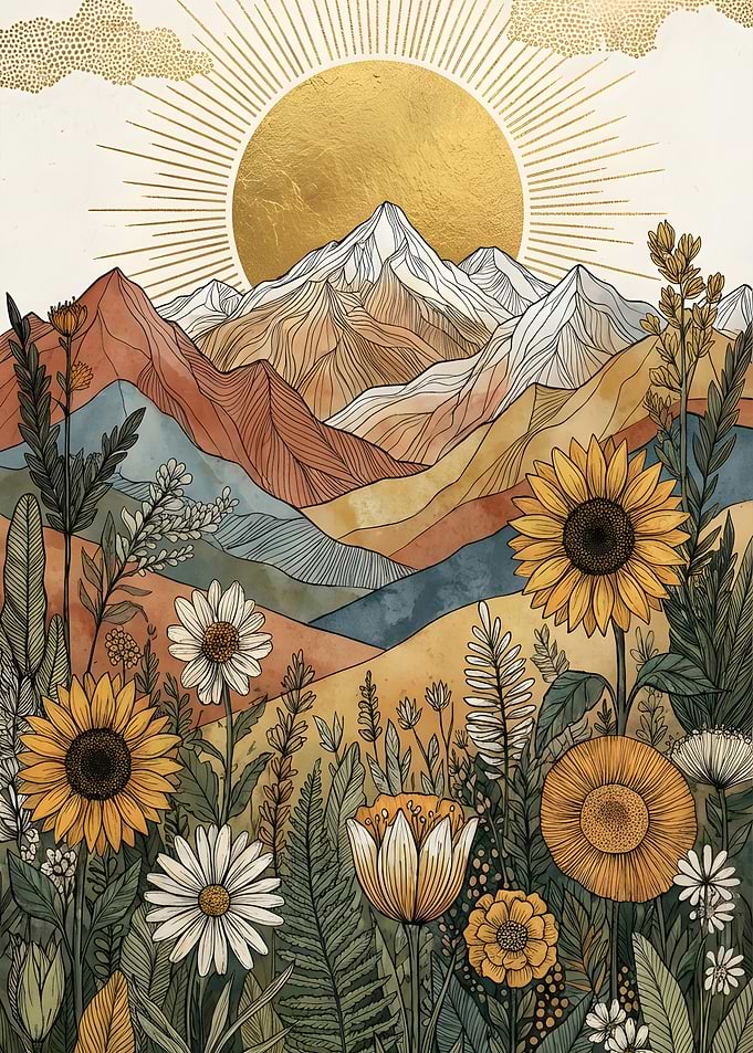 Golden Sun Over Mountain Landscape with Flowers