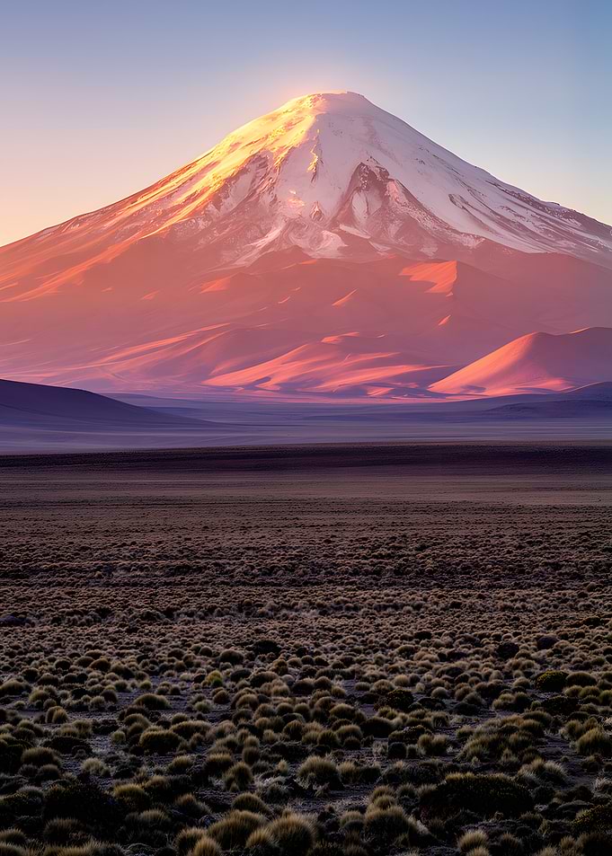 Snow-capped mountain at sunset