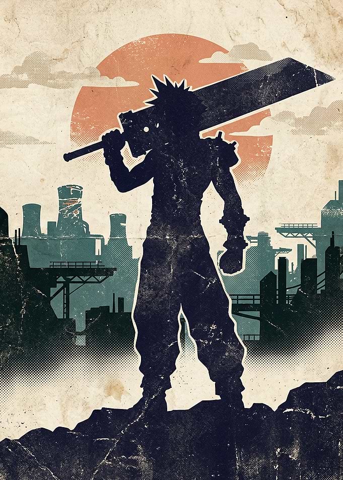 Cloud Strife Silhouette with Cityscape