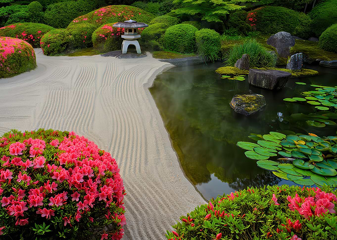 Serene Japanese Garden with Pond and Raked Sand