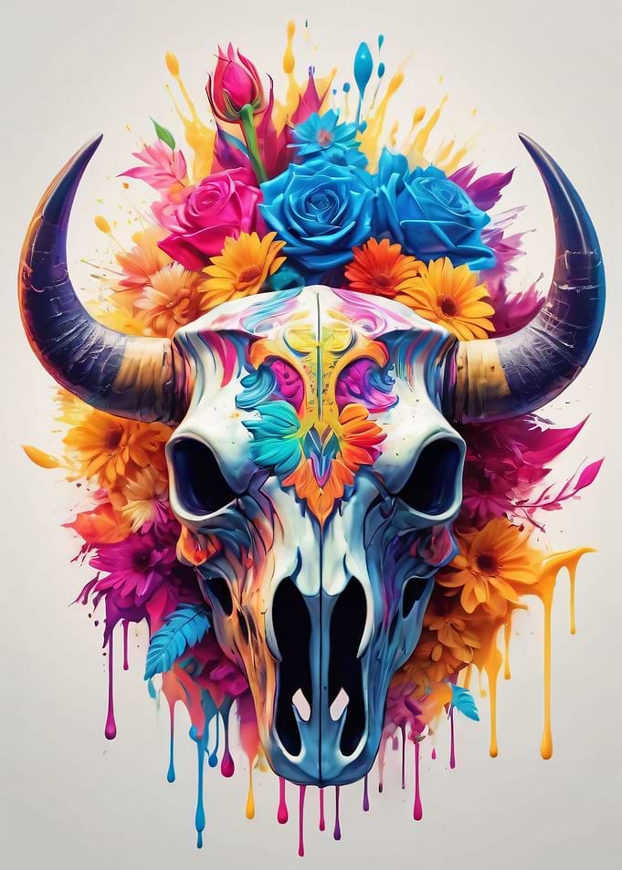 Colorful Bull Skull with Flowers