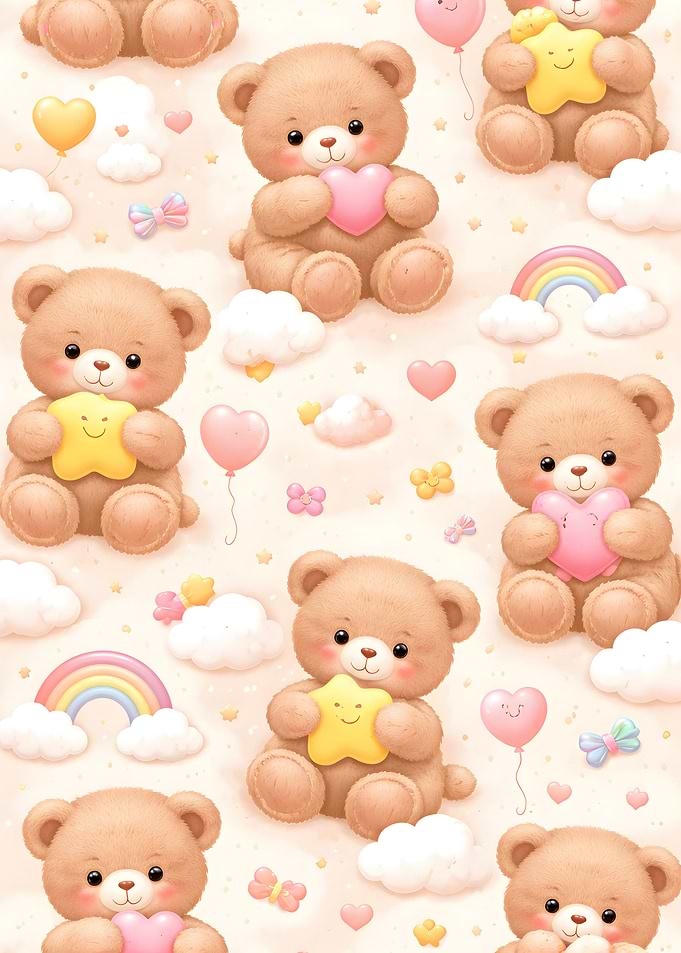 Cute Teddy Bears with Hearts and Stars