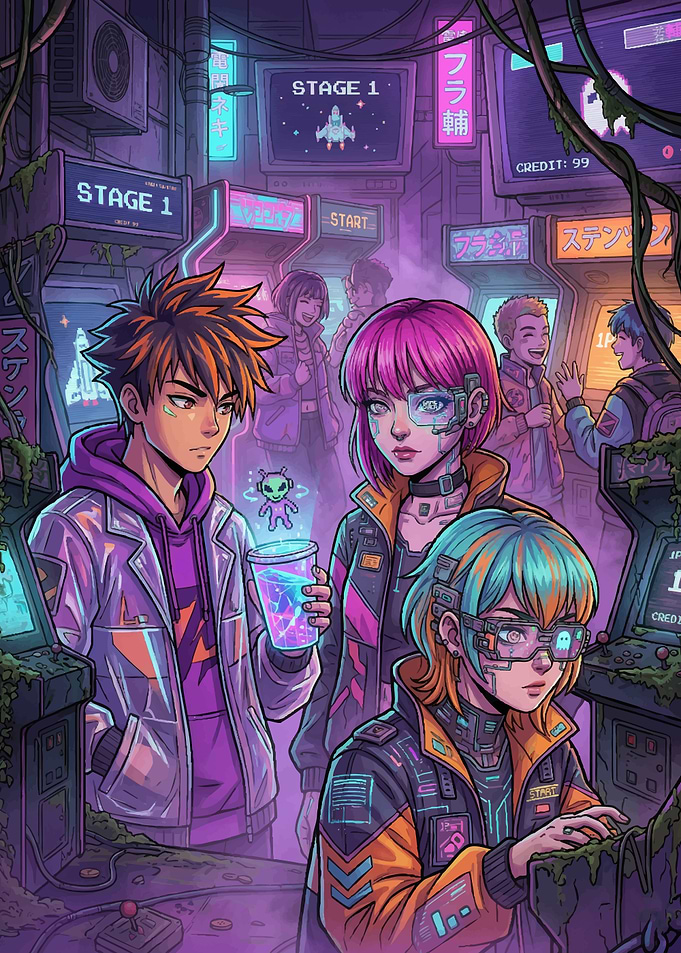 Cyberpunk Arcade Scene with Anime Characters