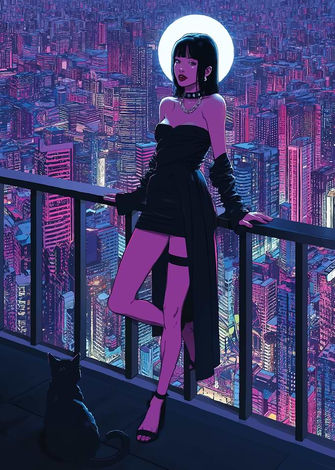 Cyberpunk Woman on Balcony with Cityscape